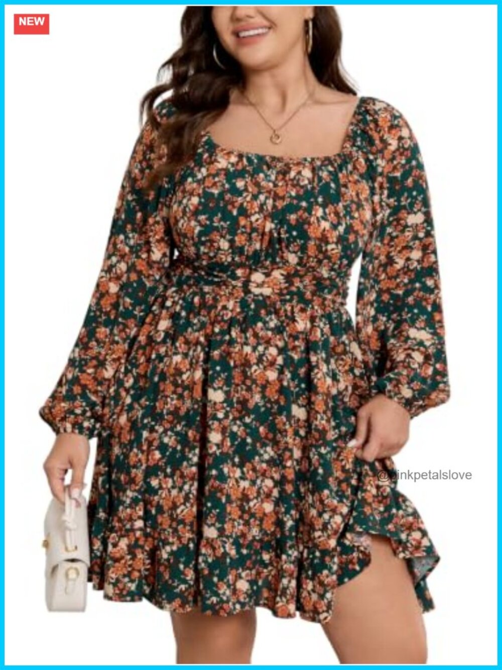 Plus Size Floral Mini Dress Square Neck Lantern Sleeve Smocked Waist